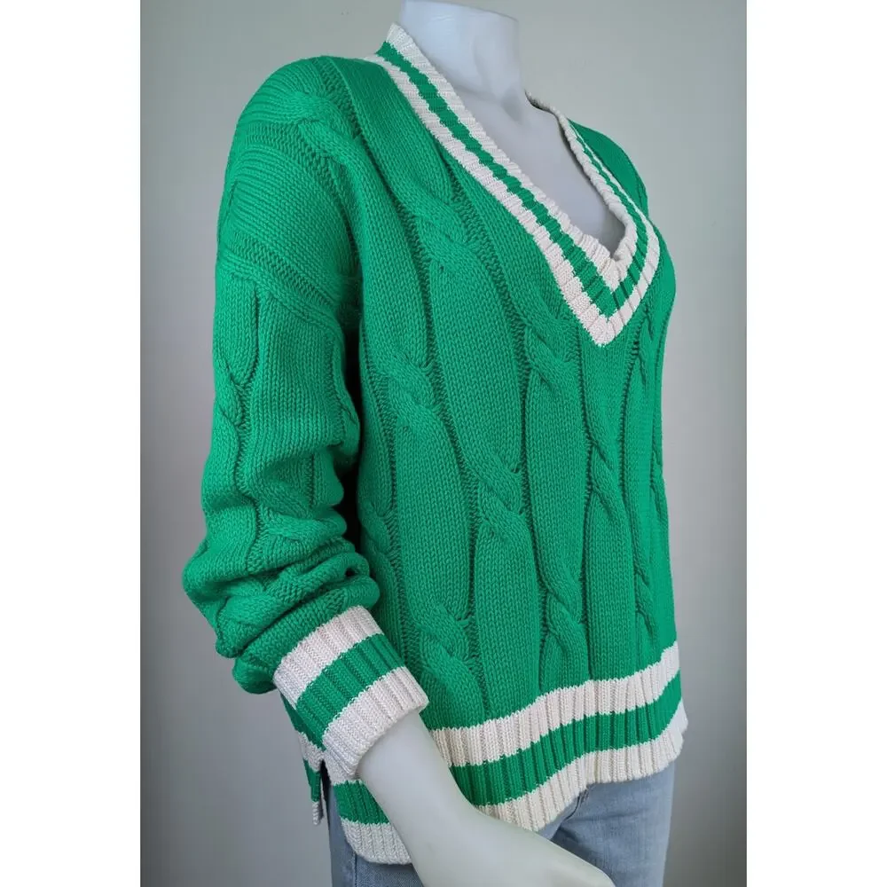 Aerie Cable Knit Sweater Medium Green White Striped V Neck Varsity Oversized